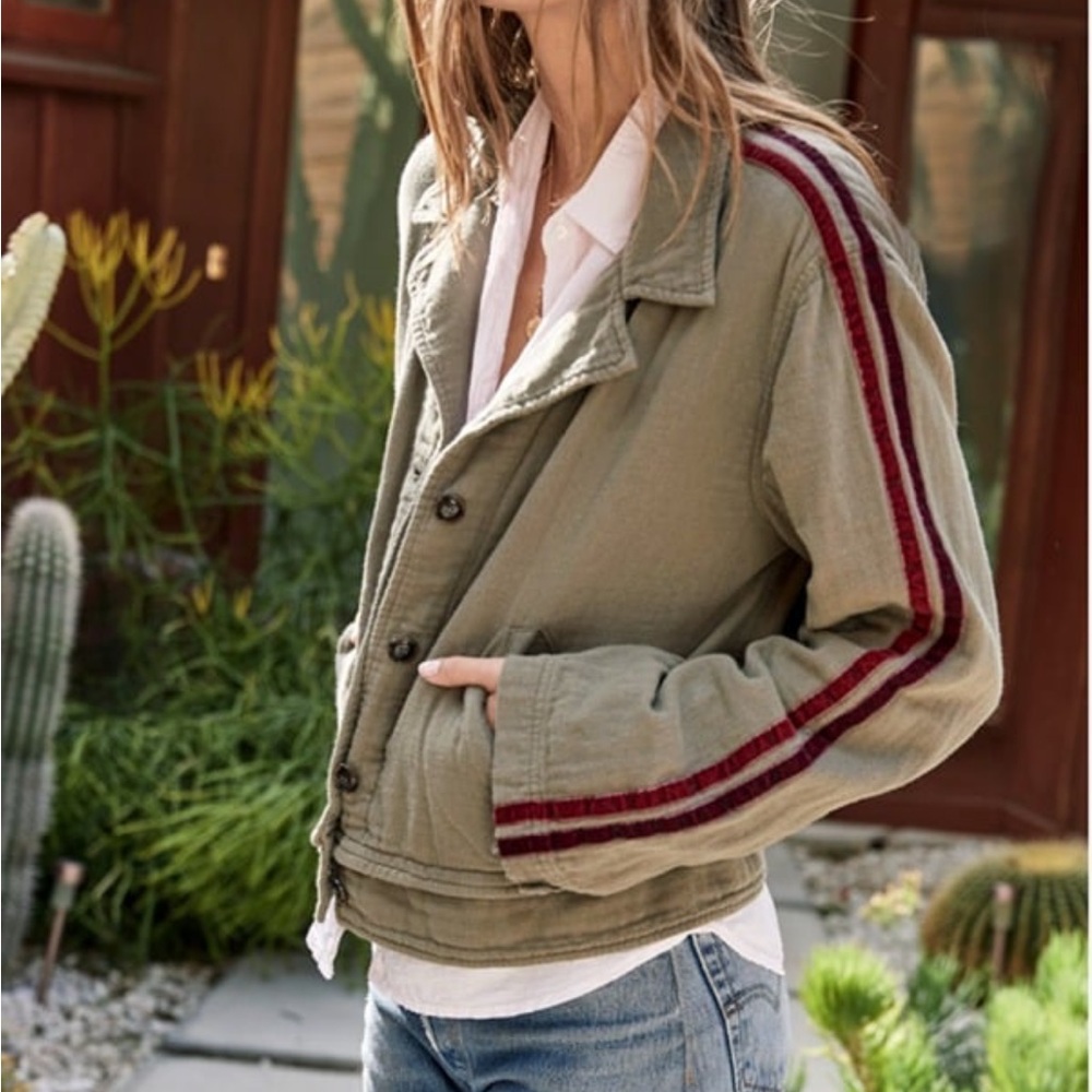 Xirena Olive Becker Jacket with a bold velvet side stripe.